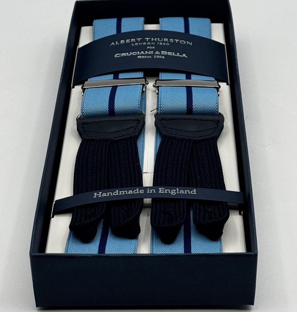 Albert Thurston for Cruciani &amp; Bella
Made in England
Adjustable Sizing
35 mm elastic Baby Blue and Blue Stripe braces
Braid ends
Y-Shaped
Nickel Fittings
Size Multifit Adjustable&nbsp;Length:&nbsp;115cm (= 45 inch) Maximum