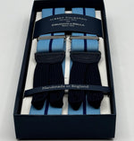 Albert Thurston for Cruciani &amp; Bella
Made in England
Adjustable Sizing
35 mm elastic Baby Blue and Blue Stripe braces
Braid ends
Y-Shaped
Nickel Fittings
Size Multifit Adjustable&nbsp;Length:&nbsp;115cm (= 45 inch) Maximum