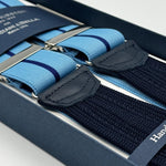 Albert Thurston for Cruciani &amp; Bella
Made in England
Adjustable Sizing
35 mm elastic Baby Blue and Blue Stripe braces
Braid ends
Y-Shaped
Nickel Fittings
Size Multifit Adjustable&nbsp;Length:&nbsp;115cm (= 45 inch) Maximum