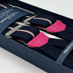 Albert Thurston for Cruciani &amp; Bella
Made in England
Adjustable Sizing
35 mm elastic Blue and Pink Stripe braces
Braid ends
Y-Shaped
Nickel Fittings
Size Multifit Adjustable&nbsp;Length:&nbsp;115cm (= 45 inch) Maximum