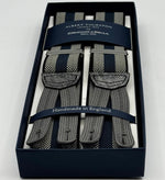 Albert Thurston for Cruciani &amp; Bella
Made in England
Adjustable Sizing
35 mm elastic Blue and Grey Stripe braces
Braid ends
Y-Shaped
Nickel Fittings
Size Multifit Adjustable&nbsp;Length:&nbsp;115cm (= 45 inch) Maximum