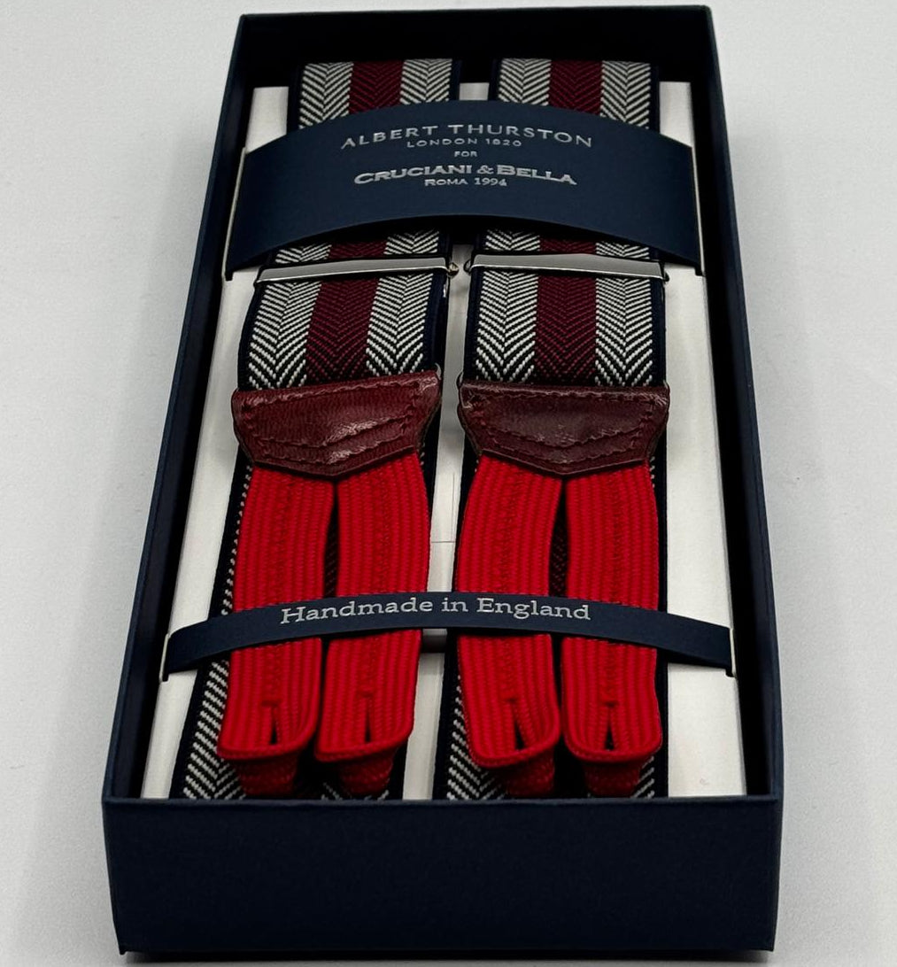 Albert Thurston for Cruciani &amp; Bella
Made in England
Adjustable Sizing
35 mm elastic Blue, Wine and Grey Stripe braces
Braid ends
Y-Shaped
Nickel Fittings
Size Multifit Adjustable&nbsp;Length:&nbsp;115cm (= 45 inch) Maximum