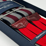 Albert Thurston for Cruciani &amp; Bella
Made in England
Adjustable Sizing
35 mm elastic Blue, Wine and Grey Stripe braces
Braid ends
Y-Shaped
Nickel Fittings
Size Multifit Adjustable&nbsp;Length:&nbsp;115cm (= 45 inch) Maximum