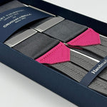 Albert Thurston for Cruciani &amp; Bella
Made in England
Adjustable Sizing
35 mm elastic Grey&nbsp; braces
Braid ends
Y-Shaped
Nickel Fittings
Size Multifit Adjustable&nbsp;Length:&nbsp;115cm (= 45 inch) Maximum