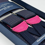 Albert Thurston for Cruciani &amp; Bella
Made in England
Adjustable Sizing
35 mm elastic Blue and Pink Pin Point braces
Braid ends
Y-Shaped
Nickel Fittings
Size Multifit Adjustable&nbsp;Length:&nbsp;115cm (= 45 inch) Maximum