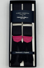 Albert Thurston for Cruciani &amp; Bella
Made in England
Adjustable Sizing
35 mm elastic Blue and Pink Pin Point braces
Braid ends
Y-Shaped
Nickel Fittings
Size Multifit Adjustable&nbsp;Length:&nbsp;115cm (= 45 inch) Maximum