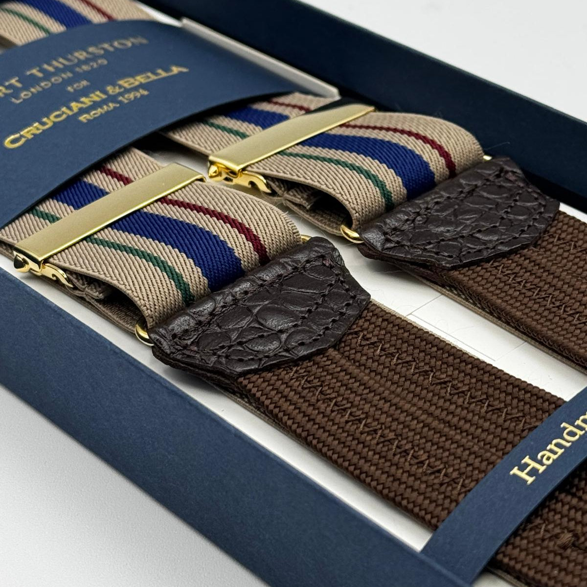 Albert Thurston for Cruciani &amp; Bella
Made in England
Adjustable Sizing
35 mm elastic Hazelnut, Red, Blue and Grey Stripes braces
Braid ends
Y-Shaped
Gold Fittings
Size Multifit Adjustable&nbsp;Length:&nbsp;115cm (= 45 inch) Maximum