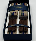Albert Thurston for Cruciani &amp; Bella
Made in England
Adjustable Sizing
35 mm elastic Hazelnut, Red, Blue and Grey Stripes braces
Braid ends
Y-Shaped
Gold Fittings
Size Multifit Adjustable&nbsp;Length:&nbsp;115cm (= 45 inch) Maximum