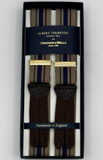 Albert Thurston for Cruciani &amp; Bella
Made in England
Adjustable Sizing
35 mm elastic Hazelnut, Red, Blue and Grey Stripes braces
Braid ends
Y-Shaped
Gold Fittings
Size Multifit Adjustable&nbsp;Length:&nbsp;115cm (= 45 inch) Maximum