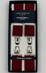 Albert Thurston for Cruciani &amp; Bella

Made in England
Clip on
Adjustable Sizing
35 mm elastic braces
Deep Red&nbsp;
X-Shaped
Nickel Fittings
Size Multifit Adjustable&nbsp;Length:&nbsp;115cm (= 45 inch) Maximum