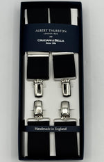 Albert Thurston for Cruciani &amp; Bella

Made in England
Clip on
Adjustable Sizing
35 mm elastic braces
Black Plain
X-Shaped
Nickel Fittings
Size Multifit Adjustable&nbsp;Length:&nbsp;115cm (= 45 inch) Maximum