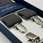 Albert Thurston for Cruciani &amp; Bella

Made in England
Clip on
Adjustable Sizing
35 mm elastic braces
Dark Grey Plain
X-Shaped
Nickel Fittings
Size Multifit Adjustable&nbsp;Length:&nbsp;115cm (= 45 inch) Maximum