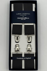 Albert Thurston for Cruciani &amp; Bella

Made in England
Clip on
Adjustable Sizing
35 mm elastic braces
Dark Grey Plain
X-Shaped
Nickel Fittings
Size Multifit Adjustable&nbsp;Length:&nbsp;115cm (= 45 inch) Maximum
