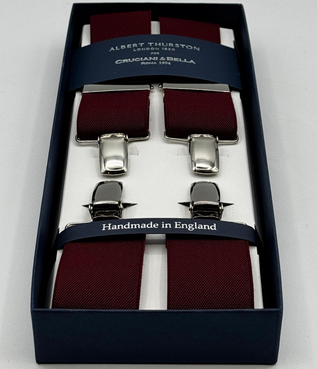 Albert Thurston for Cruciani &amp; Bella

Made in England
Clip on
Adjustable Sizing
35 mm elastic braces
Red Wine Plain
X-Shaped
Nickel Fittings
Size Multifit Adjustable&nbsp;Length:&nbsp;115cm (= 45 inch) Maximum