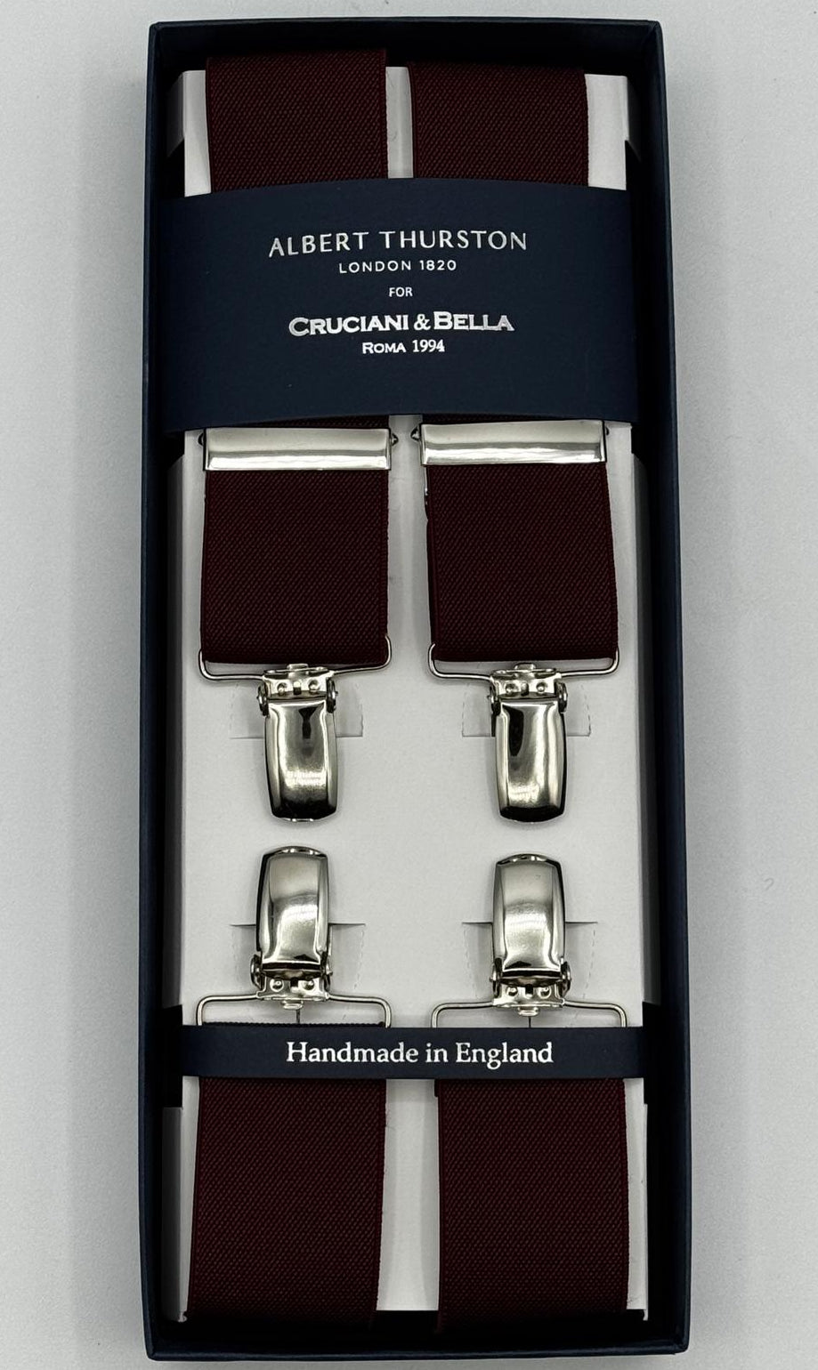 Albert Thurston for Cruciani &amp; Bella

Made in England
Clip on
Adjustable Sizing
35 mm elastic braces
Red Wine Plain
X-Shaped
Nickel Fittings
Size Multifit Adjustable&nbsp;Length:&nbsp;115cm (= 45 inch) Maximum