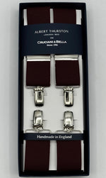 Albert Thurston for Cruciani &amp; Bella

Made in England
Clip on
Adjustable Sizing
35 mm elastic braces
Red Wine Plain
X-Shaped
Nickel Fittings
Size Multifit Adjustable&nbsp;Length:&nbsp;115cm (= 45 inch) Maximum
