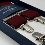 Albert Thurston for Cruciani &amp; Bella

Made in England
Clip on
Adjustable Sizing
35 mm elastic braces
Red Wine Plain
X-Shaped
Nickel Fittings
Size Multifit Adjustable&nbsp;Length:&nbsp;115cm (= 45 inch) Maximum