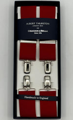Albert Thurston for Cruciani &amp; Bella

Made in England
Clip on
Adjustable Sizing
35 mm elastic braces
Red Plain
X-Shaped
Nickel Fittings
Size Multifit Adjustable&nbsp;Length:&nbsp;115cm (= 45 inch) Maximum