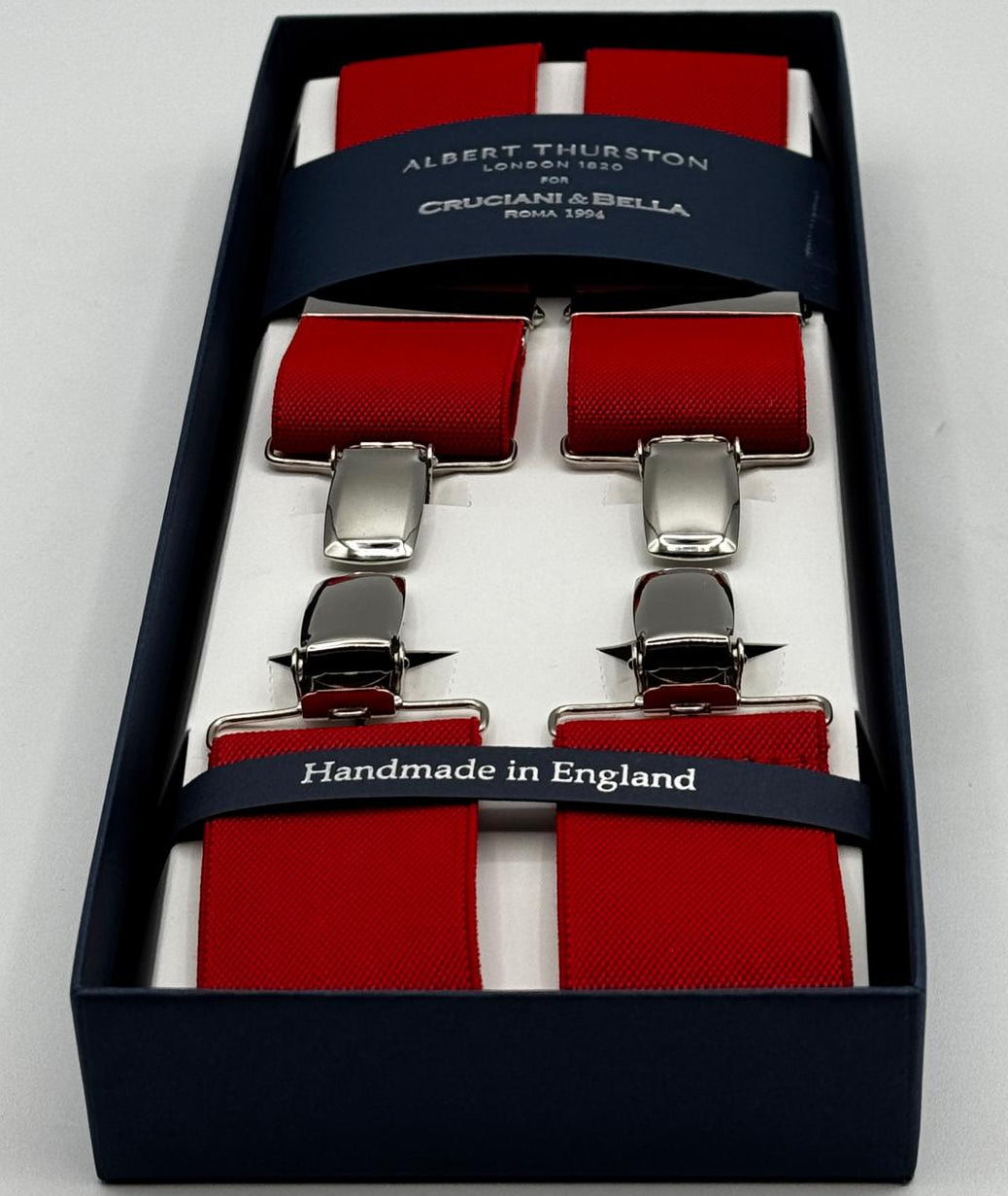 Albert Thurston for Cruciani &amp; Bella

Made in England
Clip on
Adjustable Sizing
35 mm elastic braces
Red Plain
X-Shaped
Nickel Fittings
Size Multifit Adjustable&nbsp;Length:&nbsp;115cm (= 45 inch) Maximum