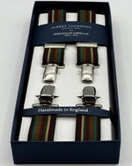 Albert Thurston for Cruciani &amp; Bella

Made in England
Clip on
Adjustable Sizing
25 mm elastic braces
Brown, Green, Red, Rust Stripes
X-Shaped
Nickel Fittings
Size Multifit Adjustable&nbsp;Length:&nbsp;115cm (= 45 inch) Maximum