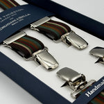 Albert Thurston for Cruciani &amp; Bella

Made in England
Clip on
Adjustable Sizing
25 mm elastic braces
Brown, Green, Red, Rust Stripes
X-Shaped
Nickel Fittings
Size Multifit Adjustable&nbsp;Length:&nbsp;115cm (= 45 inch) Maximum