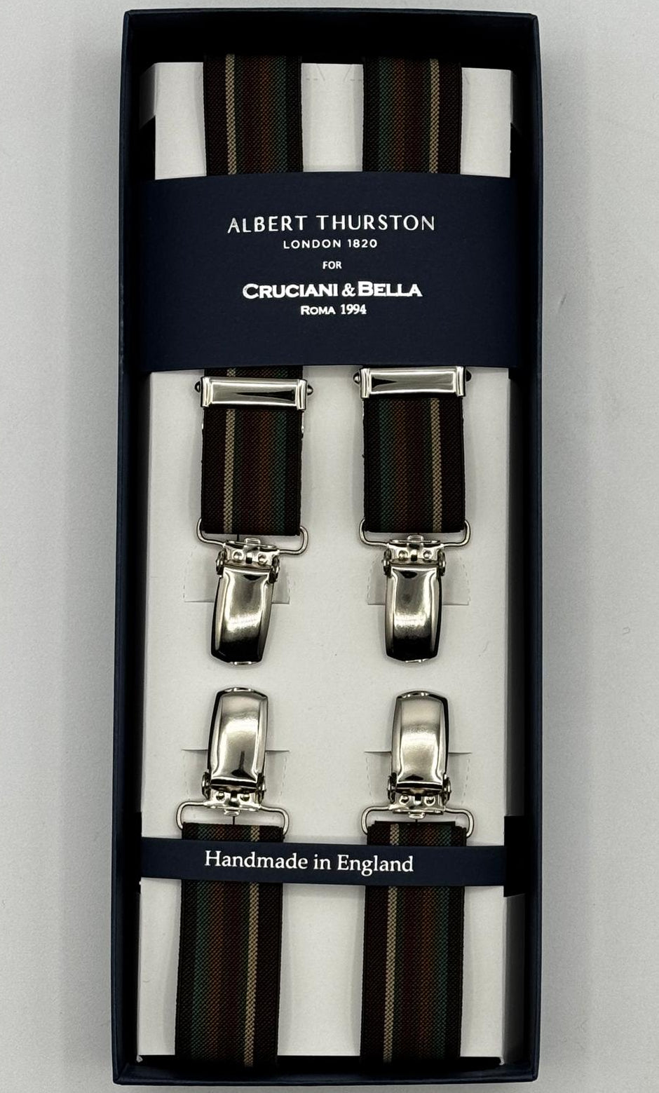Albert Thurston for Cruciani &amp; Bella

Made in England
Clip on
Adjustable Sizing
25 mm elastic braces
Brown, Green, Red, Rust Stripes
X-Shaped
Nickel Fittings
Size Multifit Adjustable&nbsp;Length:&nbsp;115cm (= 45 inch) Maximum