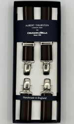 Albert Thurston for Cruciani &amp; Bella

Made in England
Clip on
Adjustable Sizing
25 mm elastic braces
Brown, Green, Red, Rust Stripes
X-Shaped
Nickel Fittings
Size Multifit Adjustable&nbsp;Length:&nbsp;115cm (= 45 inch) Maximum