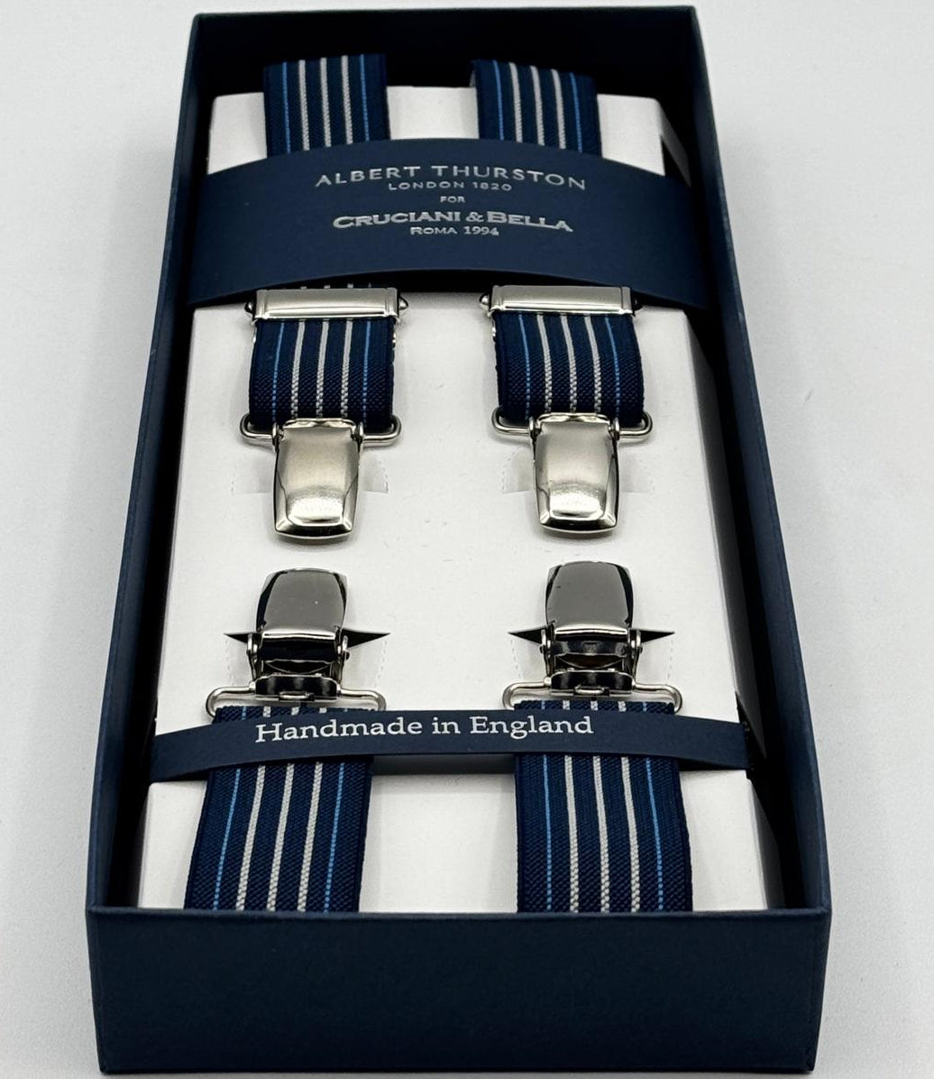 Albert Thurston for Cruciani &amp; Bella

Made in England
Clip on
Adjustable Sizing
25 mm elastic braces
Blue, Light Blue and White Stripes
X-Shaped
Nickel Fittings
Size Multifit Adjustable&nbsp;Length:&nbsp;115cm (= 45 inch) Maximum