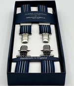 Albert Thurston for Cruciani &amp; Bella

Made in England
Clip on
Adjustable Sizing
25 mm elastic braces
Blue, Light Blue and White Stripes
X-Shaped
Nickel Fittings
Size Multifit Adjustable&nbsp;Length:&nbsp;115cm (= 45 inch) Maximum