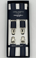Albert Thurston for Cruciani &amp; Bella

Made in England
Clip on
Adjustable Sizing
25 mm elastic braces
Blue, Light Blue and White Stripes
X-Shaped
Nickel Fittings
Size Multifit Adjustable&nbsp;Length:&nbsp;115cm (= 45 inch) Maximum
