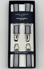 Albert Thurston for Cruciani &amp; Bella

Made in England
Clip on
Adjustable Sizing
25 mm elastic braces
Blue, Light Blue and White Stripes
X-Shaped
Nickel Fittings
Size Multifit Adjustable&nbsp;Length:&nbsp;115cm (= 45 inch) Maximum