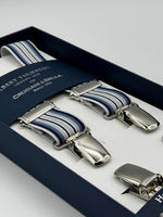 Albert Thurston for Cruciani &amp; Bella

Made in England
Clip on
Adjustable Sizing
25 mm elastic braces
Blue, Light Blue and White Stripes
X-Shaped
Nickel Fittings
Size Multifit Adjustable&nbsp;Length:&nbsp;115cm (= 45 inch) Maximum