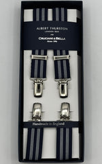 Albert Thurston for Cruciani &amp; Bella

Made in England
Clip on
Adjustable Sizing
25 mm elastic braces
Blue and White Stripes
X-Shaped
Nickel Fittings
Size Multifit Adjustable&nbsp;Length:&nbsp;115cm (= 45 inch) Maximum