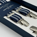 Albert Thurston for Cruciani &amp; Bella

Made in England
Clip on
Adjustable Sizing
25 mm elastic braces
Blue and White Stripes
X-Shaped
Nickel Fittings
Size Multifit Adjustable&nbsp;Length:&nbsp;115cm (= 45 inch) Maximum