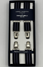 Albert Thurston for Cruciani &amp; Bella

Made in England
Clip on
Adjustable Sizing
25 mm elastic braces
Blue and Violet Stripes
X-Shaped
Nickel Fittings
Size Multifit Adjustable&nbsp;Length:&nbsp;115cm (= 45 inch) Maximum