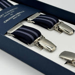 Albert Thurston for Cruciani &amp; Bella

Made in England
Clip on
Adjustable Sizing
25 mm elastic braces
Blue and Violet Stripes
X-Shaped
Nickel Fittings
Size Multifit Adjustable&nbsp;Length:&nbsp;115cm (= 45 inch) Maximum