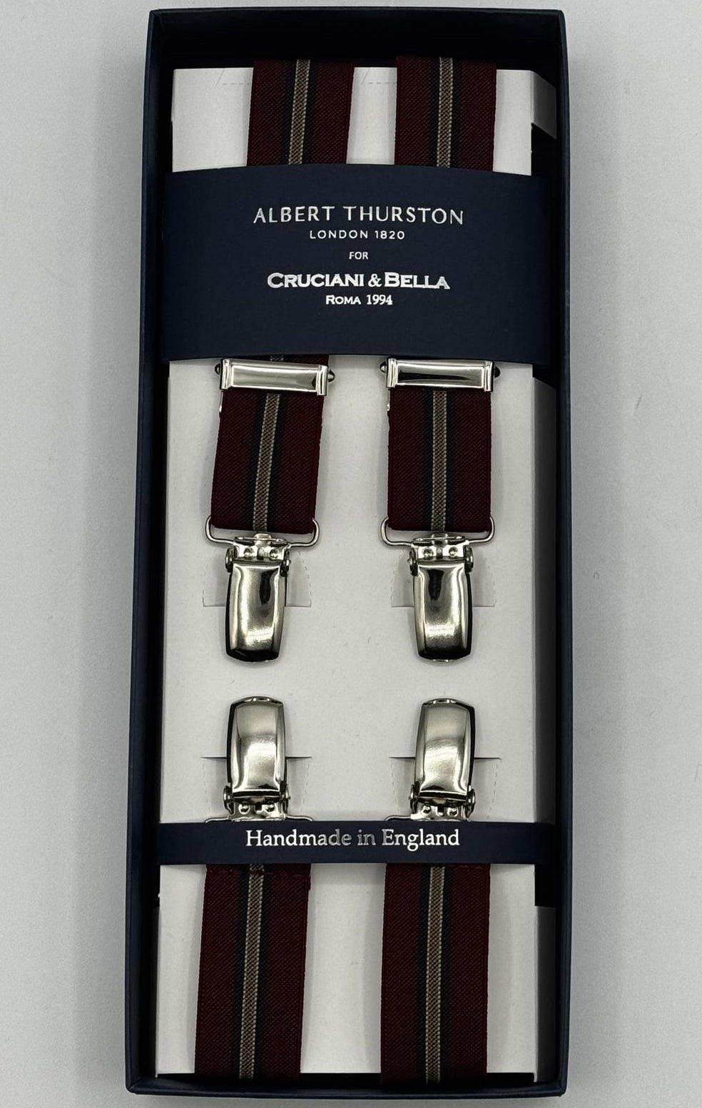 Albert Thurston for Cruciani &amp; Bella

Made in England
Clip on
Adjustable Sizing
25 mm elastic braces
Blue, Red Wine and Azelnut Stripes
X-Shaped
Nickel Fittings
Size Multifit Adjustable&nbsp;Length:&nbsp;115cm (= 45 inch) Maximum