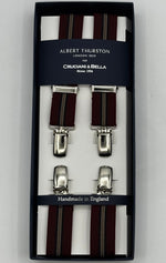 Albert Thurston for Cruciani &amp; Bella

Made in England
Clip on
Adjustable Sizing
25 mm elastic braces
Blue, Red Wine and Azelnut Stripes
X-Shaped
Nickel Fittings
Size Multifit Adjustable&nbsp;Length:&nbsp;115cm (= 45 inch) Maximum