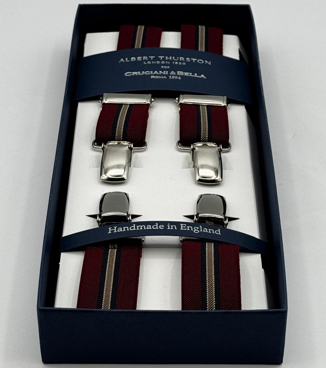 Albert Thurston for Cruciani &amp; Bella

Made in England
Clip on
Adjustable Sizing
25 mm elastic braces
Blue, Red Wine and Azelnut Stripes
X-Shaped
Nickel Fittings
Size Multifit Adjustable&nbsp;Length:&nbsp;115cm (= 45 inch) Maximum