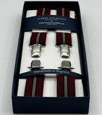 Albert Thurston for Cruciani &amp; Bella

Made in England
Clip on
Adjustable Sizing
25 mm elastic braces
Blue, Red Wine and Azelnut Stripes
X-Shaped
Nickel Fittings
Size Multifit Adjustable&nbsp;Length:&nbsp;115cm (= 45 inch) Maximum
