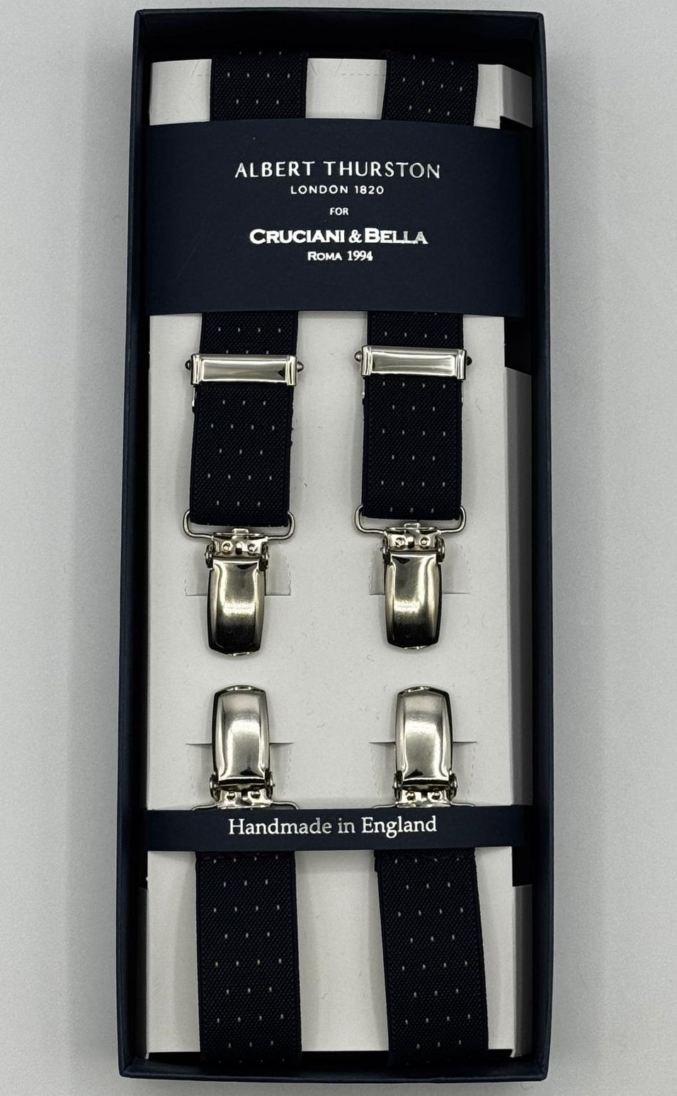 Albert Thurston - Elastic Clip-on-braces  - 25 mm - Blue, Gold Pin Dots #7377