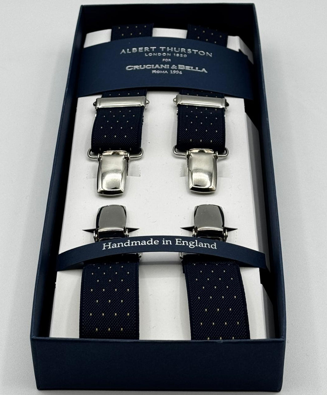 Albert Thurston - Elastic Clip-on-braces  - 25 mm - Blue, Gold Pin Dots #7377