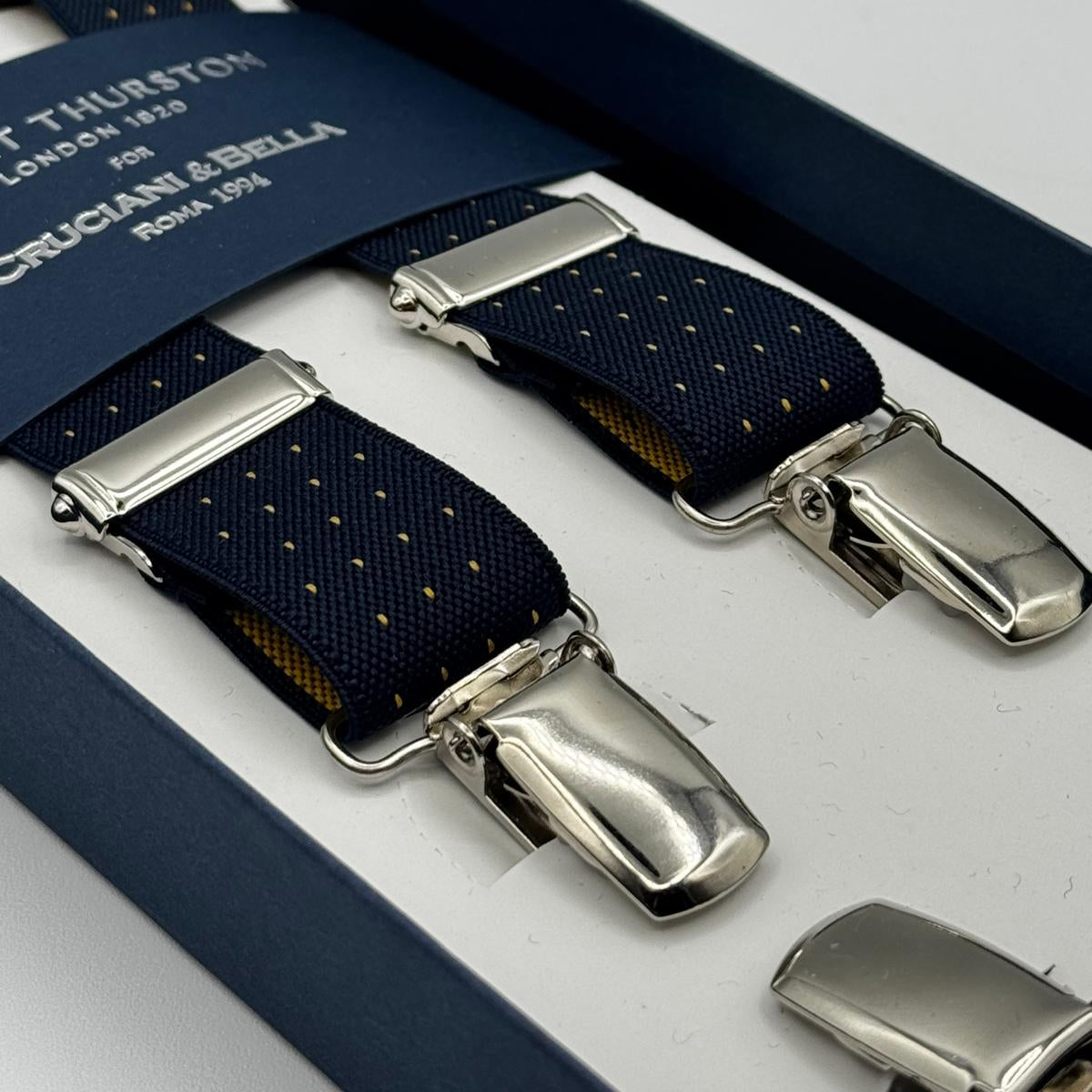 Albert Thurston - Elastic Clip-on-braces  - 25 mm - Blue, Gold Pin Dots #7377