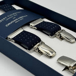 Albert Thurston for Cruciani &amp; Bella

Made in England
Clip on
Adjustable Sizing
25 mm elastic braces
Blue whit White Dots
X-Shaped
Nickel Fittings
Size Multifit Adjustable&nbsp;Length:&nbsp;115cm (= 45 inch) Maximum