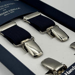 Albert Thurston for Cruciani &amp; Bella

Made in England
Clip on
Adjustable Sizing
25 mm elastic braces
Navy Blue Harringbone Plain Color

X-Shaped
Nickel Fittings
Size Multifit Adjustable&nbsp;Length:&nbsp;115cm (= 45 inch) Maximum
