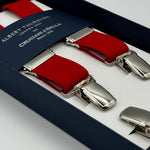 Albert Thurston for Cruciani &amp; Bella

Made in England
Clip on
Adjustable Sizing
25 mm elastic braces
Red Plain Color

X-Shaped
Nickel Fittings
Size Multifit Adjustable&nbsp;Length:&nbsp;115cm (= 45 inch) Maximum