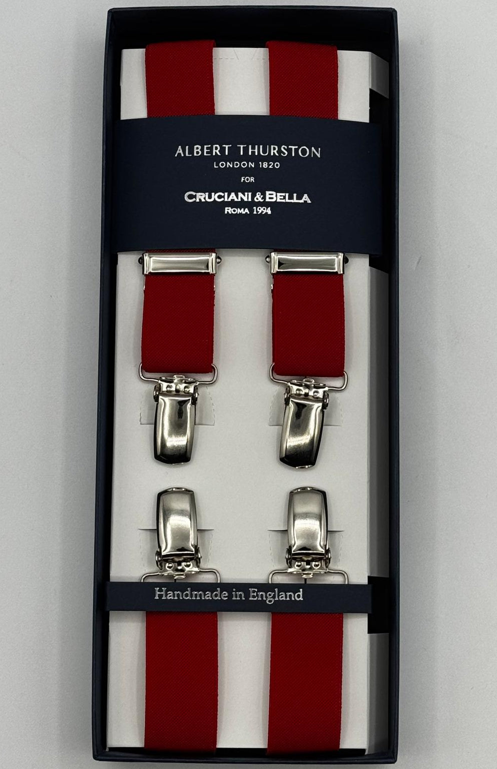 Albert Thurston for Cruciani &amp; Bella

Made in England
Clip on
Adjustable Sizing
25 mm elastic braces
Red Plain Color

X-Shaped
Nickel Fittings
Size Multifit Adjustable&nbsp;Length:&nbsp;115cm (= 45 inch) Maximum