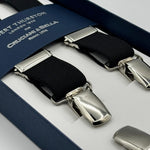 Albert Thurston for Cruciani &amp; Bella

Made in England
Clip on
Adjustable Sizing
25 mm elastic braces
Black&nbsp;

X-Shaped
Nickel Fittings
Size Multifit Adjustable&nbsp;Length:&nbsp;115cm (= 45 inch) Maximum