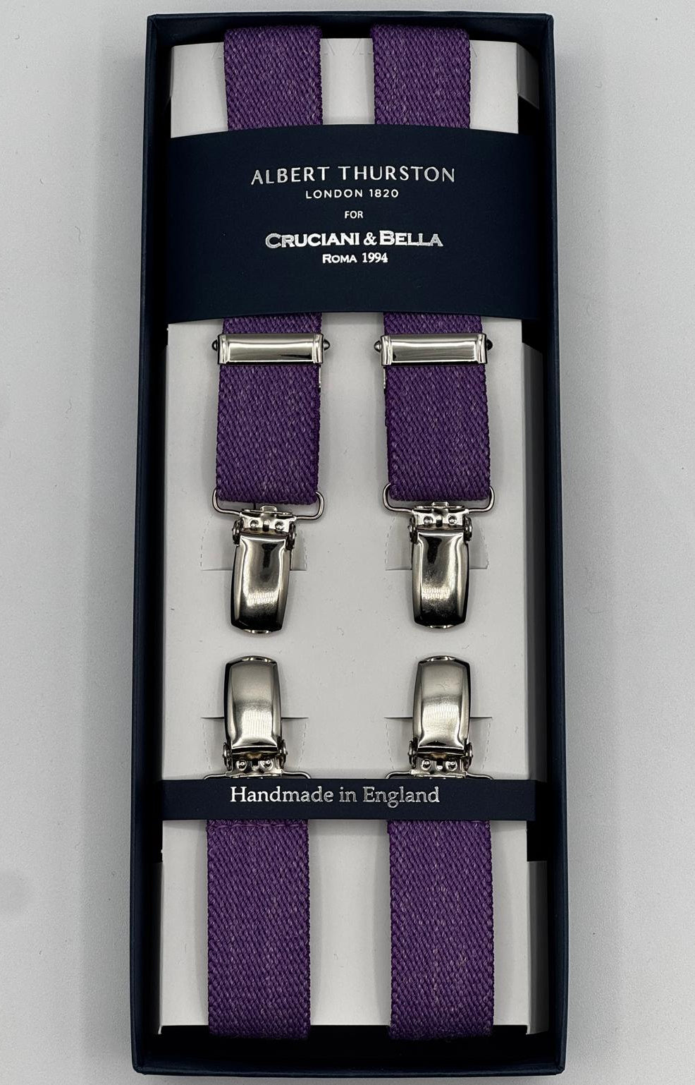 Albert Thurston for Cruciani &amp; Bella

Made in England
Clip on
Adjustable Sizing
25 mm elastic braces
Light Purple Melange&nbsp;
X-Shaped
Nickel Fittings
Size Multifit Adjustable&nbsp;Length:&nbsp;115cm (= 45 inch) Maximum