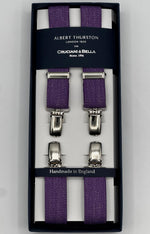 Albert Thurston for Cruciani &amp; Bella

Made in England
Clip on
Adjustable Sizing
25 mm elastic braces
Light Purple Melange&nbsp;
X-Shaped
Nickel Fittings
Size Multifit Adjustable&nbsp;Length:&nbsp;115cm (= 45 inch) Maximum